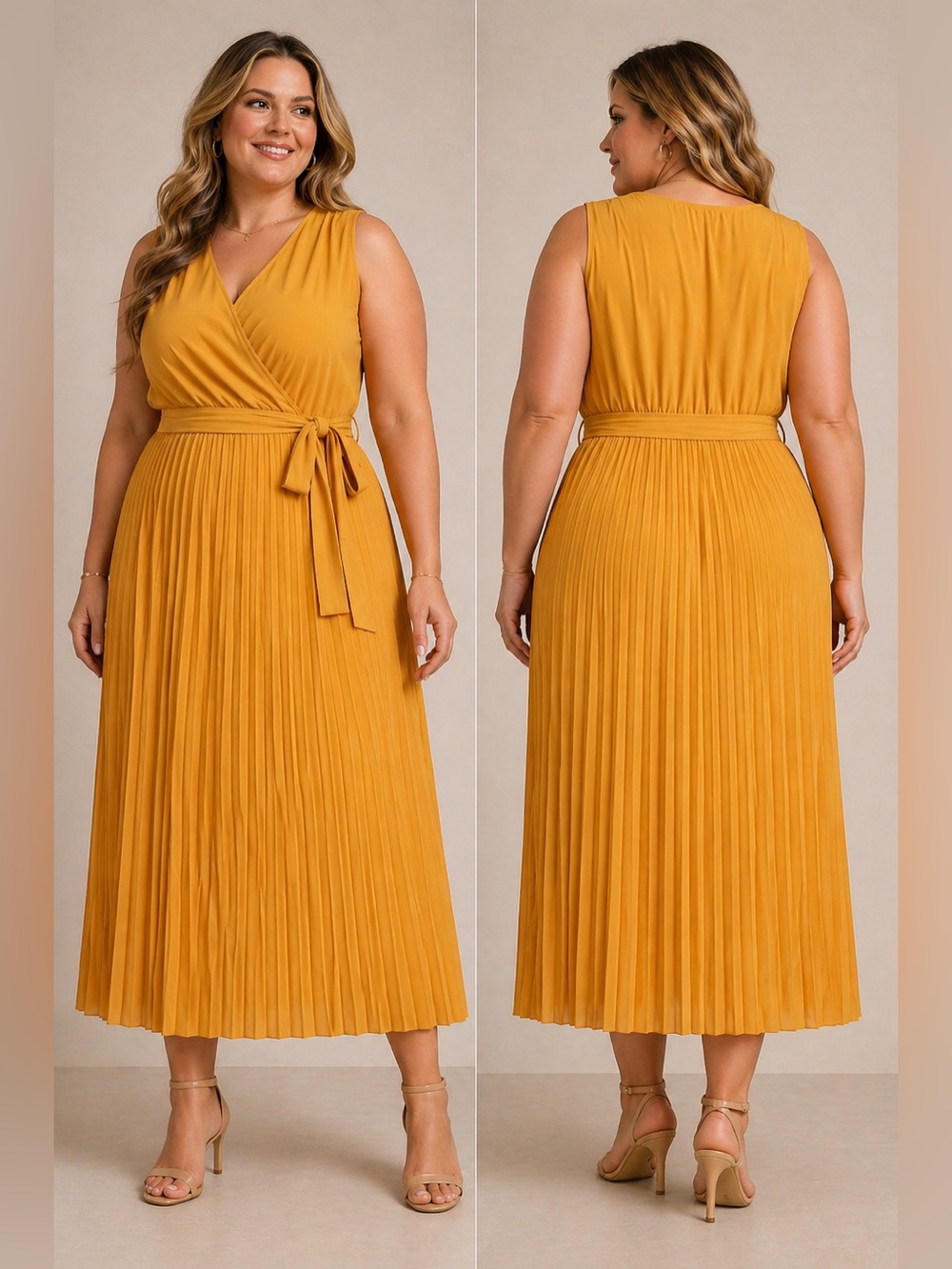 Mustard Pleated Maxi Dress | Wrap look Style Tie Waist | Flowy Boho Boutique 3XL